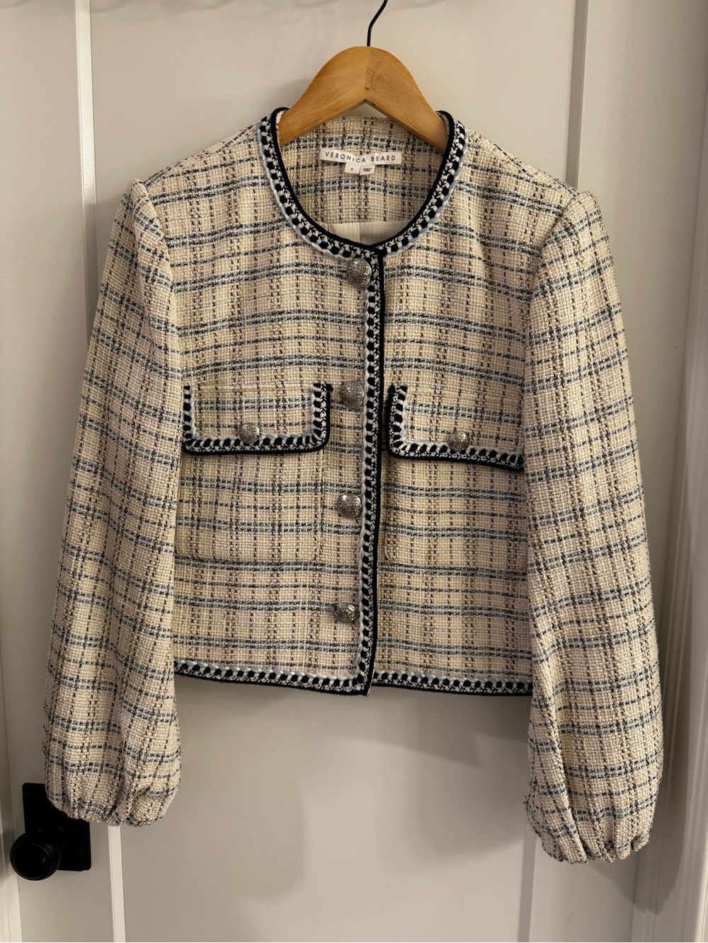 Veronica Beard Cream and Navy Tweed Cropped Blazer